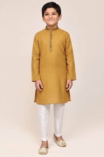 yellow silk blend printed kurta pajama for boys