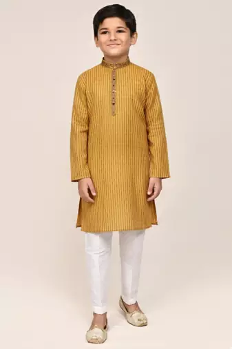 yellow silk blend printed kurta pajama for boys