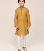 yellow silk blend printed kurta pajama for boys