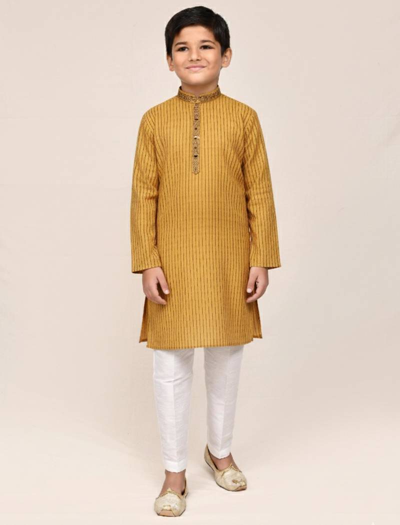 yellow silk blend printed kurta pajama for boys