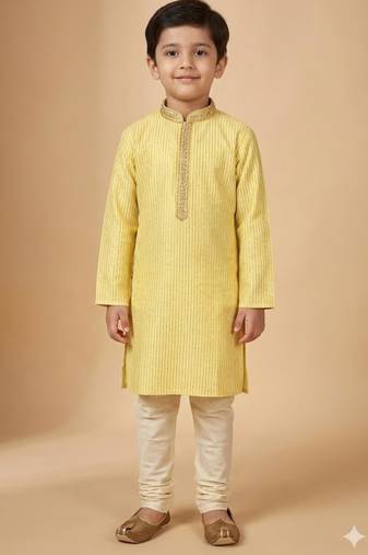 yellow silk blend printed kurta pajama for boys