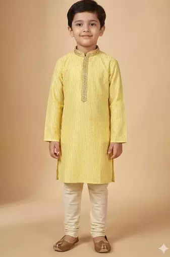 yellow silk blend printed kurta pajama for boys