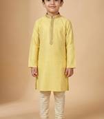 yellow silk blend printed kurta pajama for boys