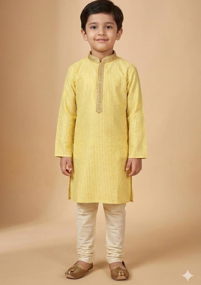 yellow silk blend printed kurta pajama for boys