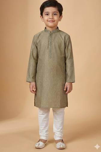 grey silk blend printed kurta pajama for boys
