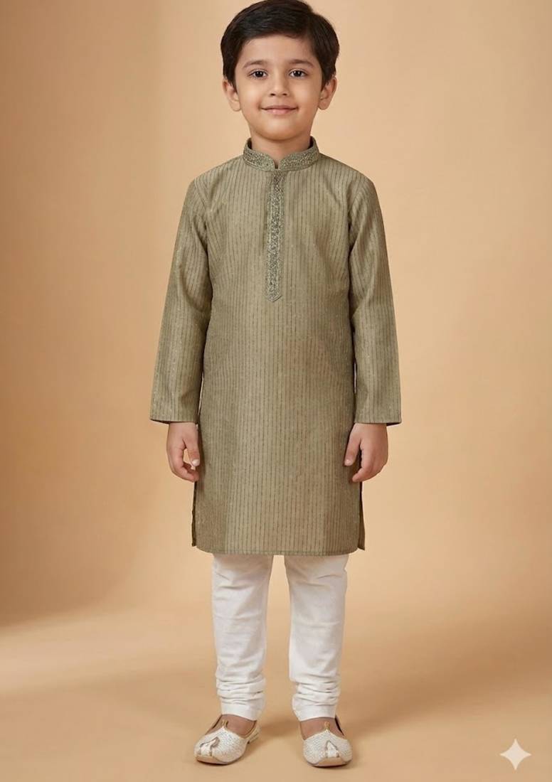 grey silk blend printed kurta pajama for boys