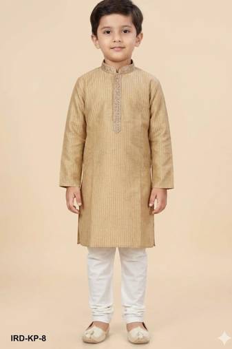 Beige silk blend printed kurta pajama for boys