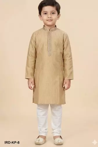Beige silk blend printed kurta pajama for boys