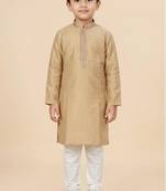 Beige silk blend printed kurta pajama for boys