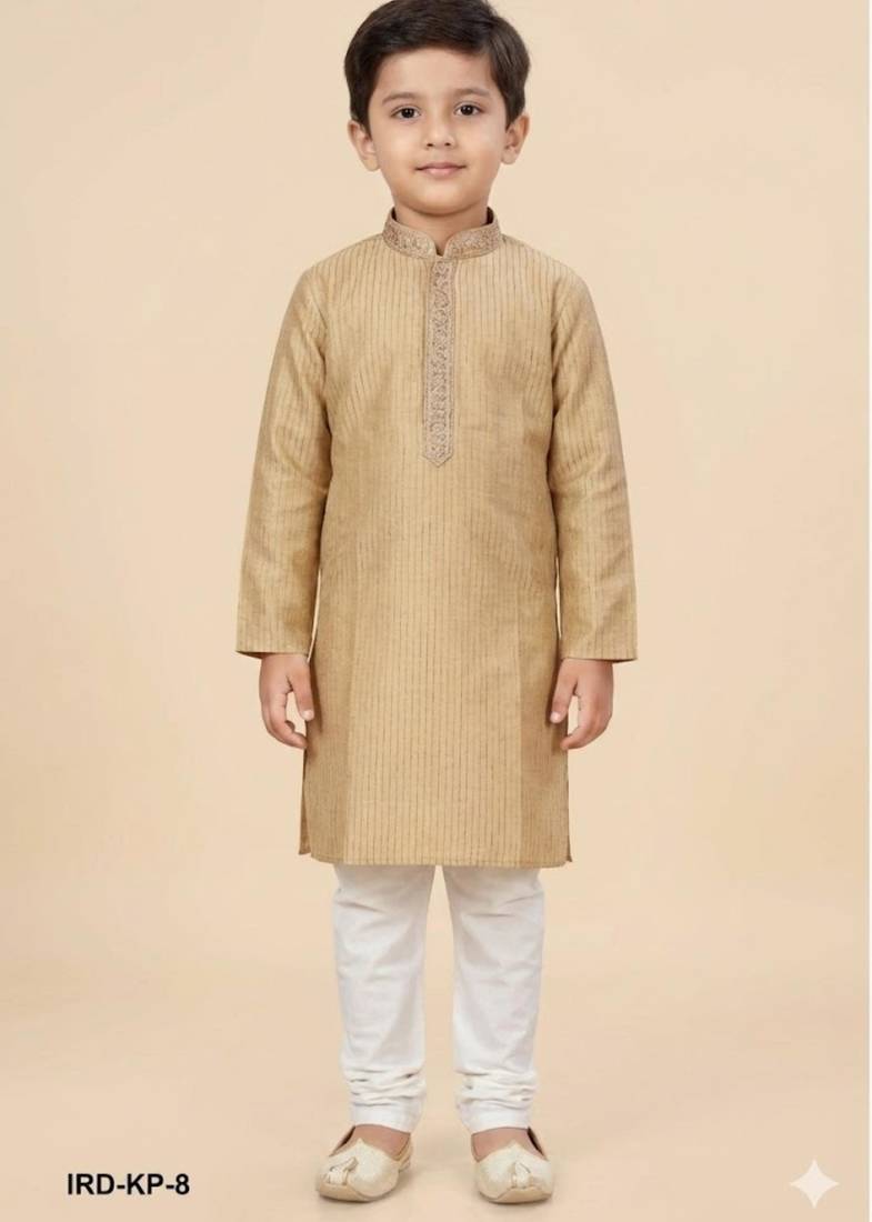 Beige silk blend printed kurta pajama for boys