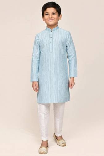 blue silk blend printed kurta pajama for boys
