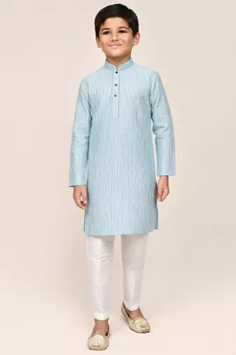 blue silk blend printed kurta pajama for boys