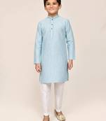 blue silk blend printed kurta pajama for boys