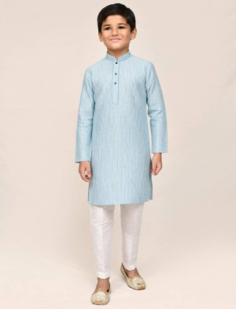 blue silk blend printed kurta pajama for boys