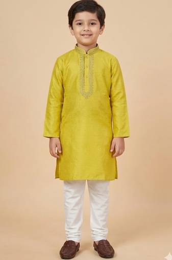 Yellow cotton printed kurta pyjama for boys