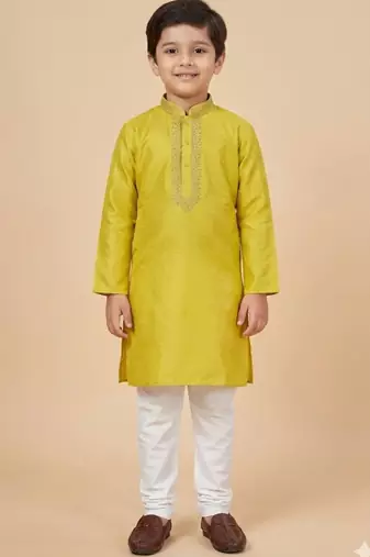 Yellow cotton printed kurta pyjama for boys