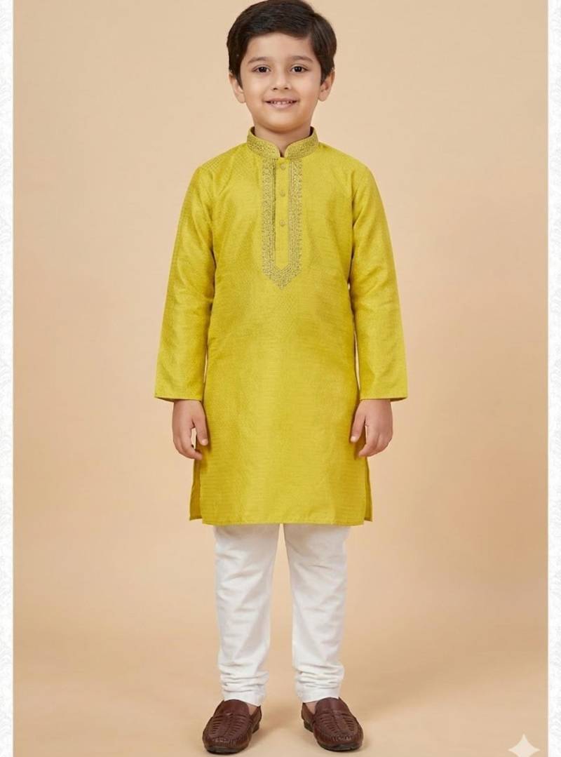 Yellow cotton printed kurta pyjama for boys
