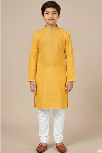 yellow cotton printed kurta pyjama for boys