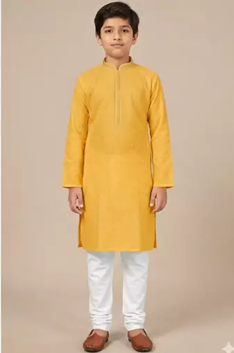 yellow cotton printed kurta pyjama for boys