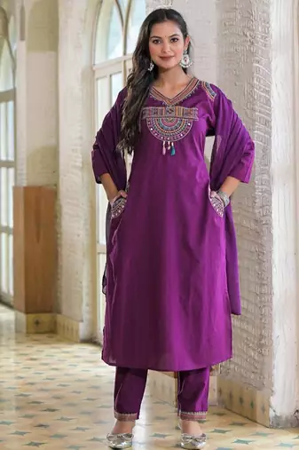 Floral embroidered blue v neck pure cotton kurta set with trouser & dupatta