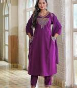 Floral embroidered blue v neck pure cotton kurta set with trouser & dupatta