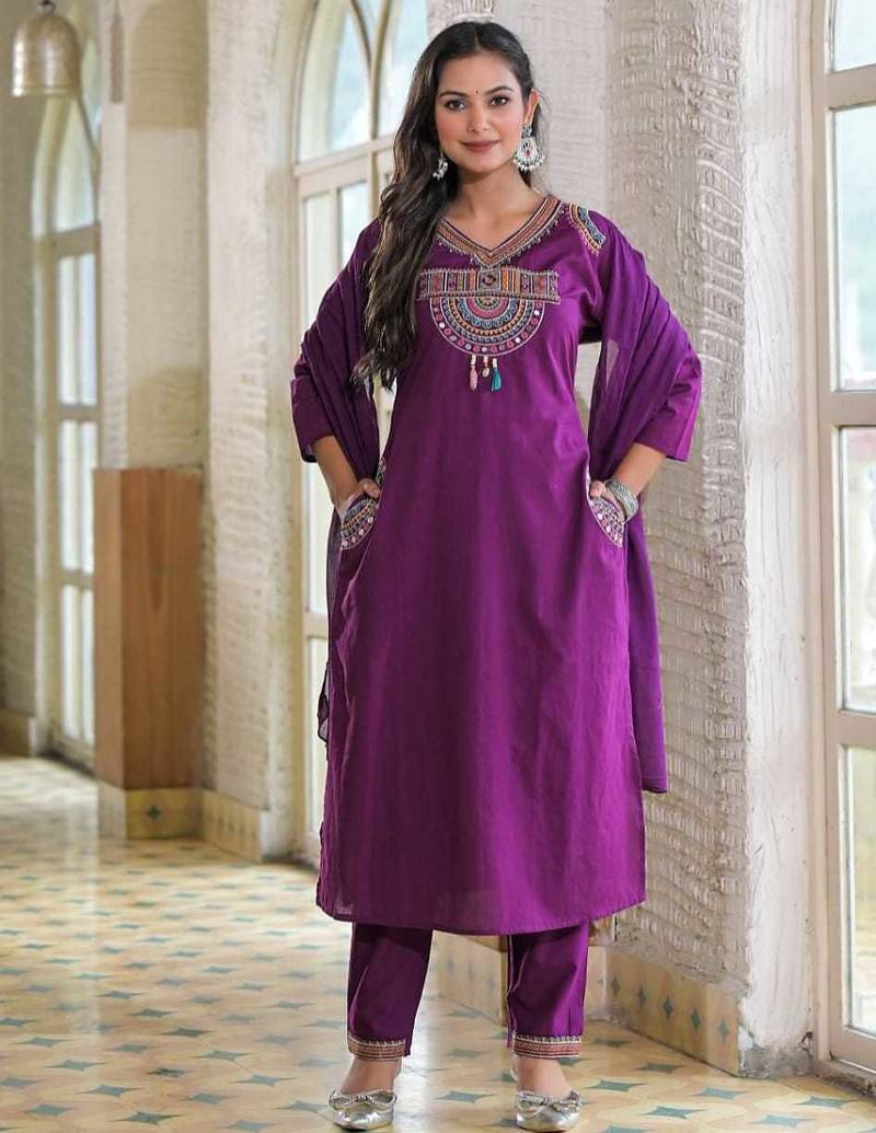 Floral embroidered blue v neck pure cotton kurta set with trouser & dupatta