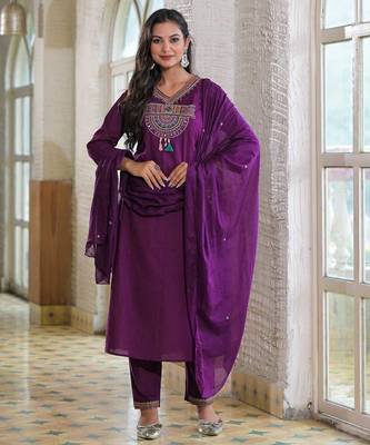 Floral embroidered blue v neck  cotton kurta set with trouser & dupatta 2