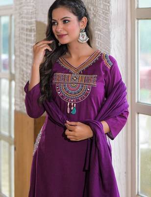 Floral embroidered blue v neck  cotton kurta set with trouser & dupatta 3