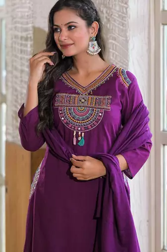 Floral embroidered blue v neck  cotton kurta set with trouser & dupatta