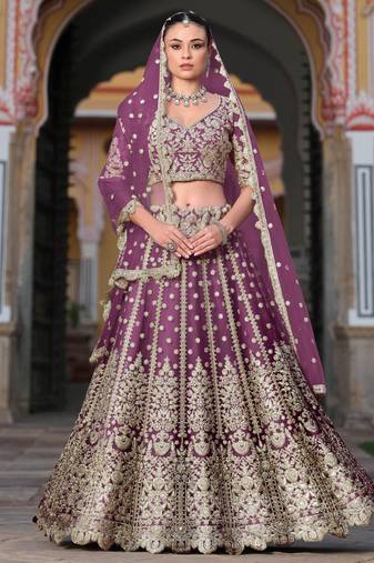 lovable purple embroidered net lehenga set choli with dupatta