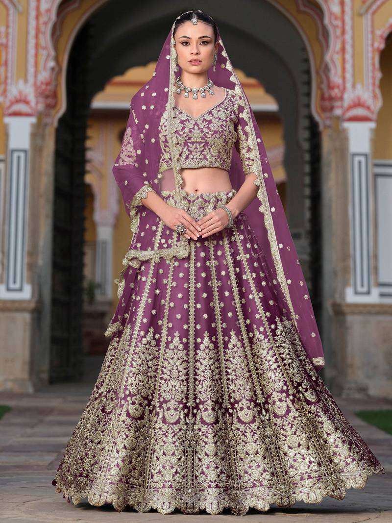 lovable purple embroidered net lehenga set choli with dupatta
