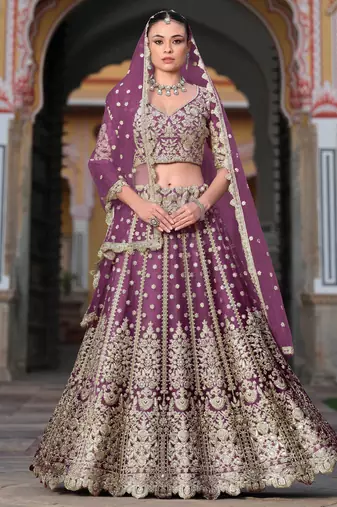 lovable purple embroidered net lehenga set choli with dupatta