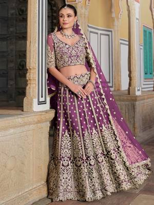 lovable purple embroidered net lehenga set choli with dupatta 2