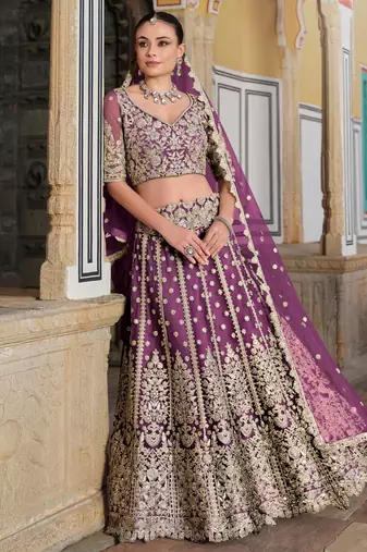lovable purple embroidered net lehenga set choli with dupatta