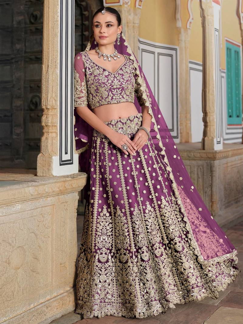 lovable purple embroidered net lehenga set choli with dupatta