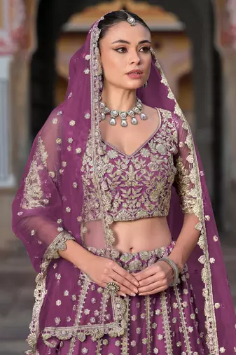 lovable purple embroidered net lehenga set choli with dupatta