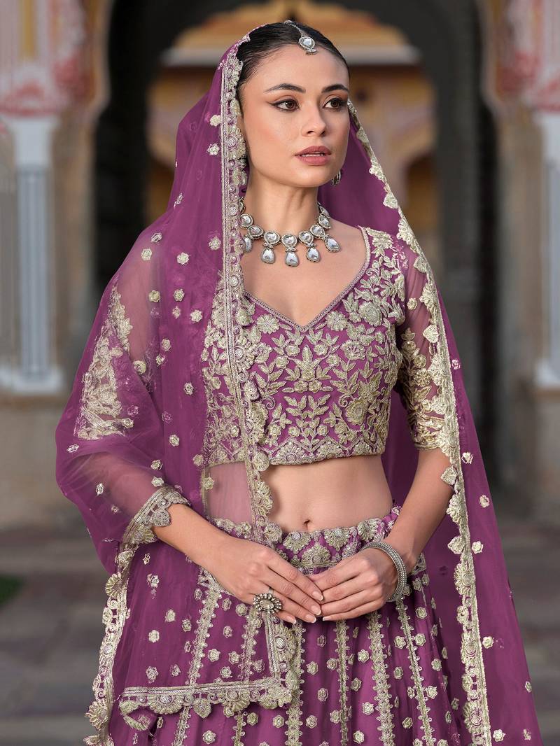 lovable purple embroidered net lehenga set choli with dupatta