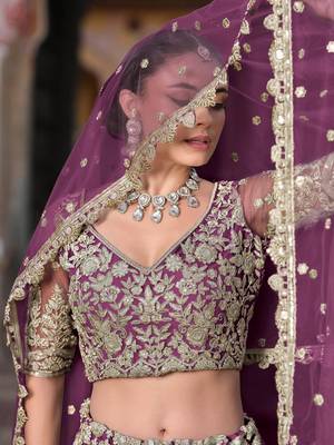 lovable purple embroidered net lehenga set choli with dupatta 4