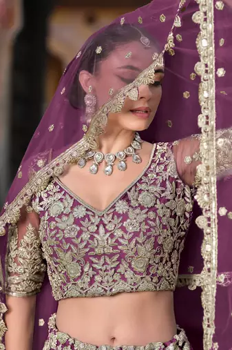 lovable purple embroidered net lehenga set choli with dupatta