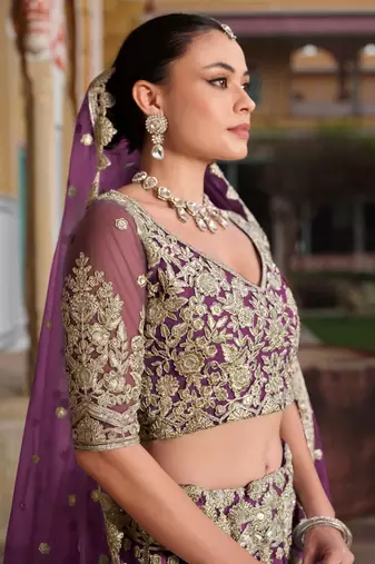 lovable purple embroidered net lehenga set choli with dupatta