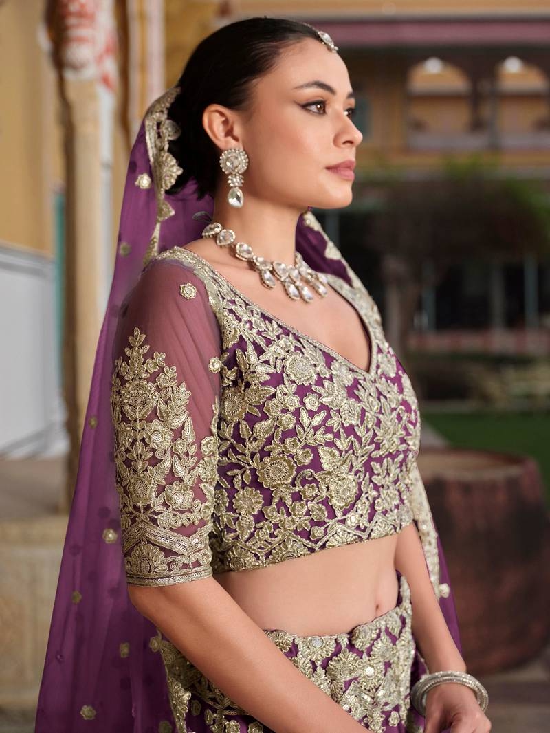 lovable purple embroidered net lehenga set choli with dupatta