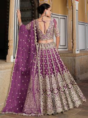lovable purple embroidered net lehenga set choli with dupatta 6