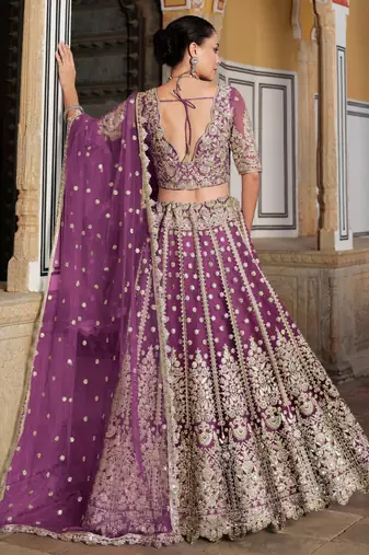 lovable purple embroidered net lehenga set choli with dupatta