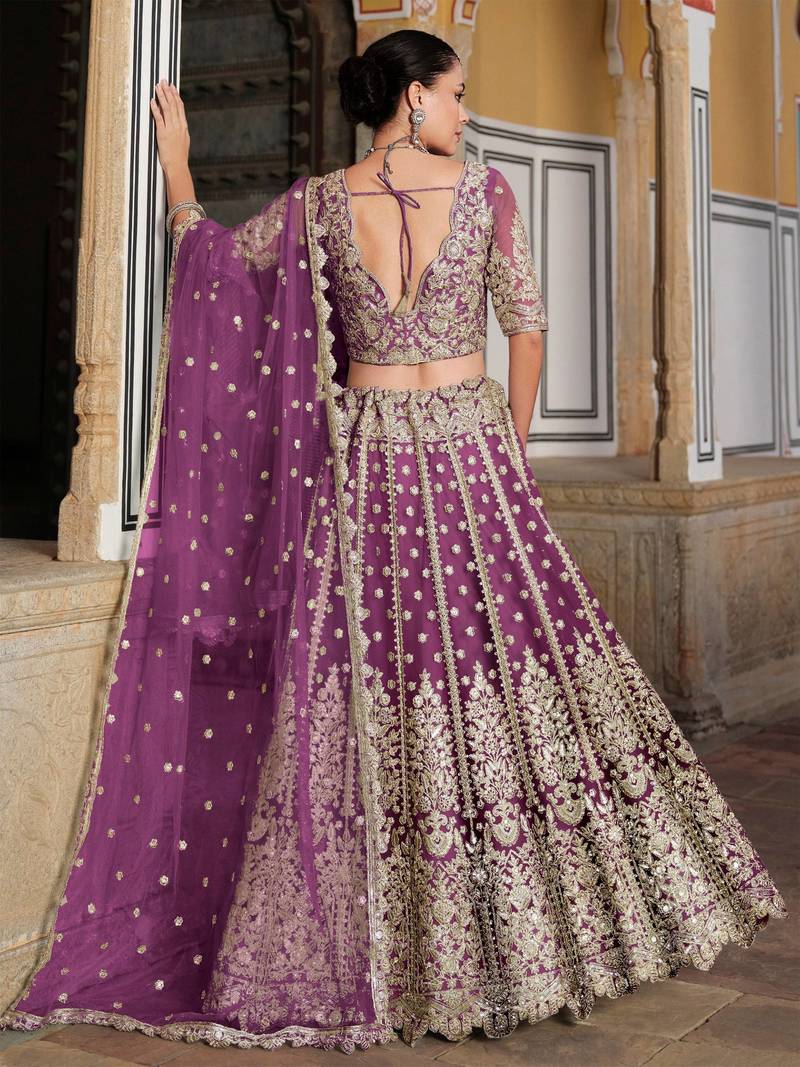 lovable purple embroidered net lehenga set choli with dupatta