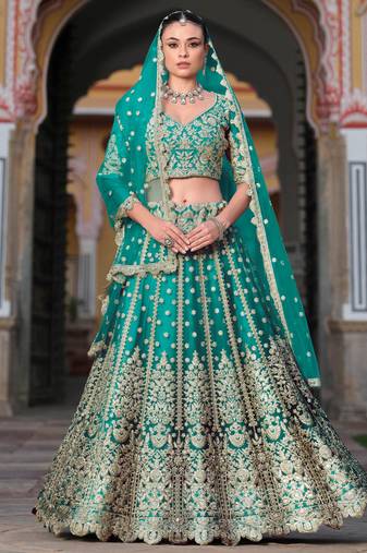 teal green sequins net wedding lehenga set choli with dupatta with dupatta