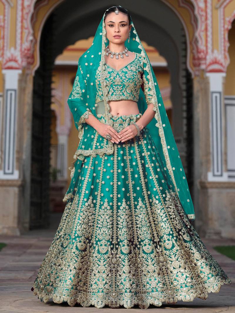 teal green sequins net wedding lehenga set choli with dupatta with dupatta