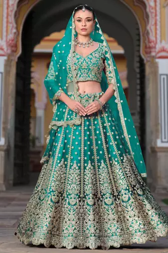 teal green sequins net wedding lehenga set choli with dupatta with dupatta