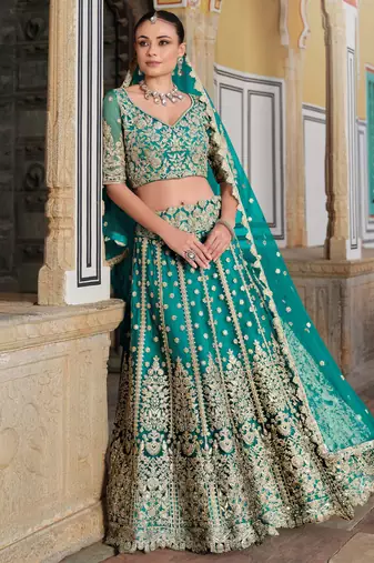 teal green sequins net wedding lehenga set choli with dupatta with dupatta