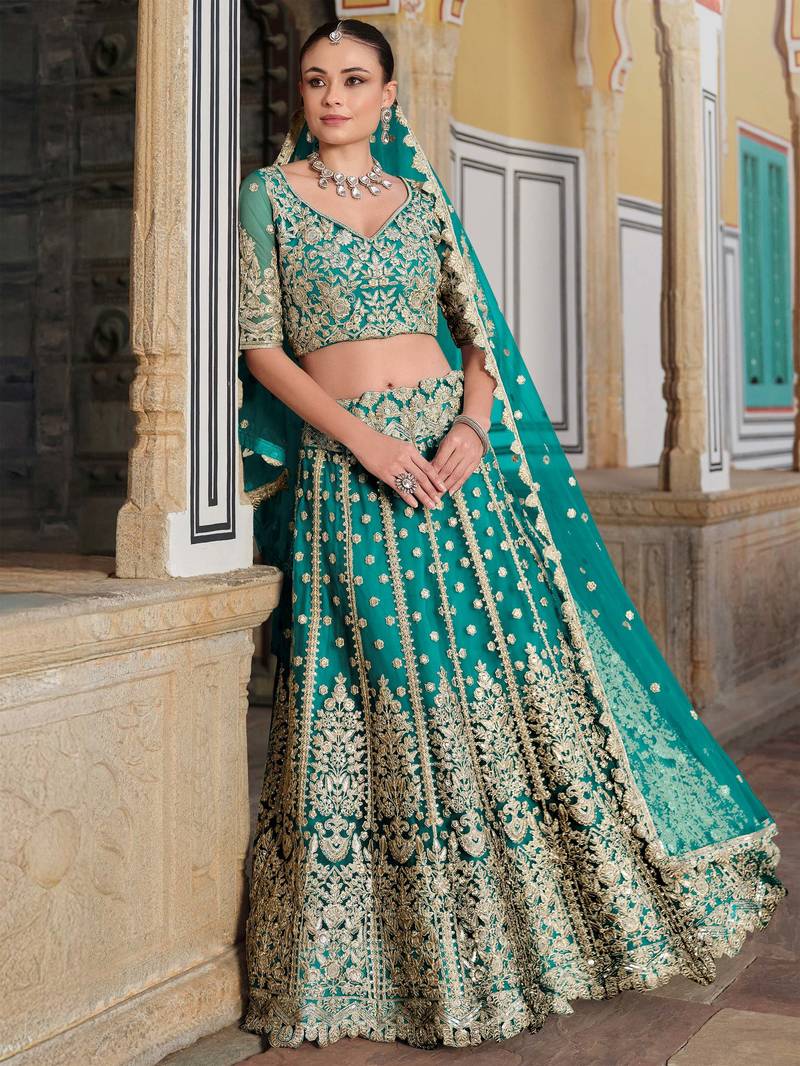 teal green sequins net wedding lehenga set choli with dupatta with dupatta