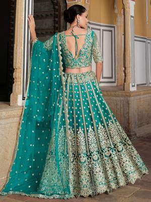 teal green sequins net wedding lehenga set choli with dupatta with dupatta 3